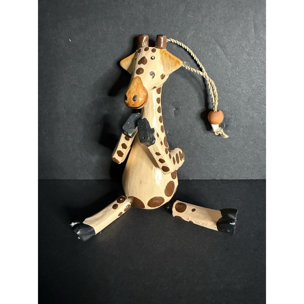 Hand Carved Wood Giraffe Christmas Ornament Articulated Folk Art Whimsy Boho